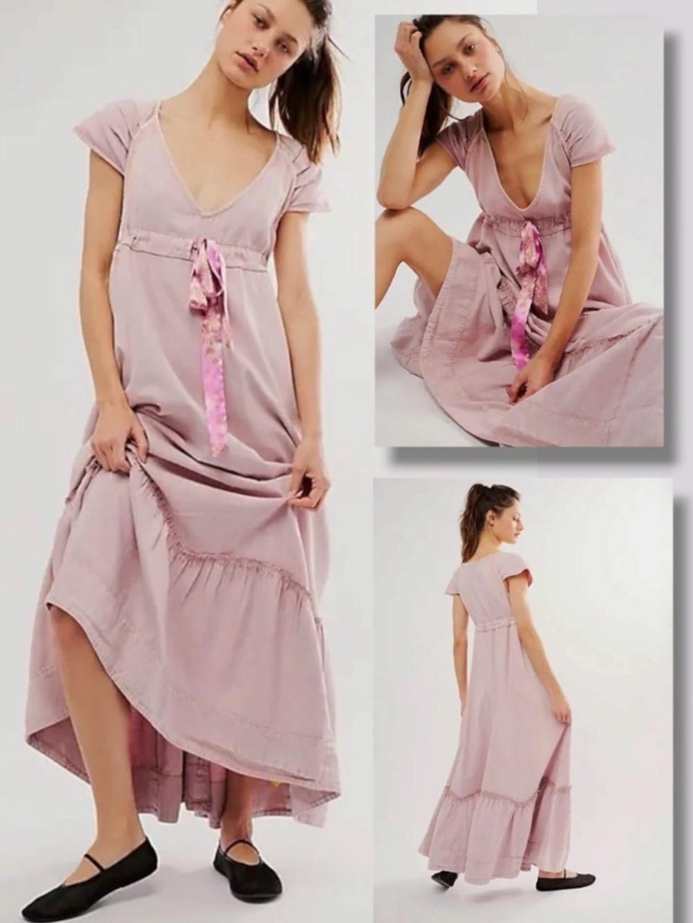 Free People Roucha Maxi Denim Pink Pale Mauve Peasant Dress Size XS